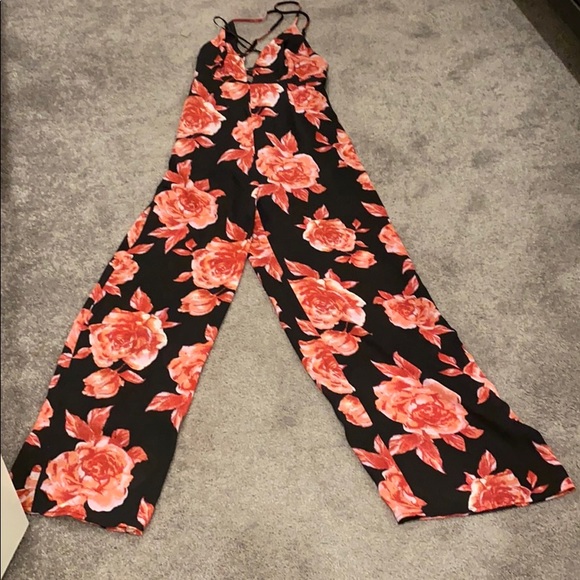 Black and Pink Floral Jumpsuit - Picture 3 of 5